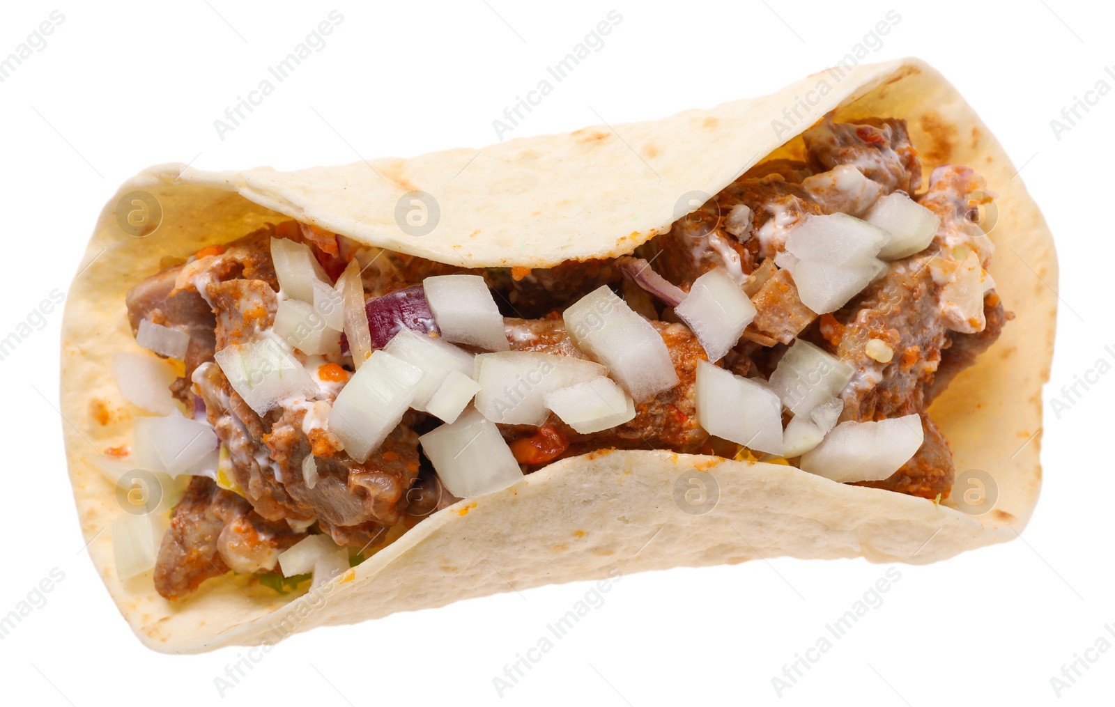 Photo of Delicious taco with meat and onion isolated on white, top view