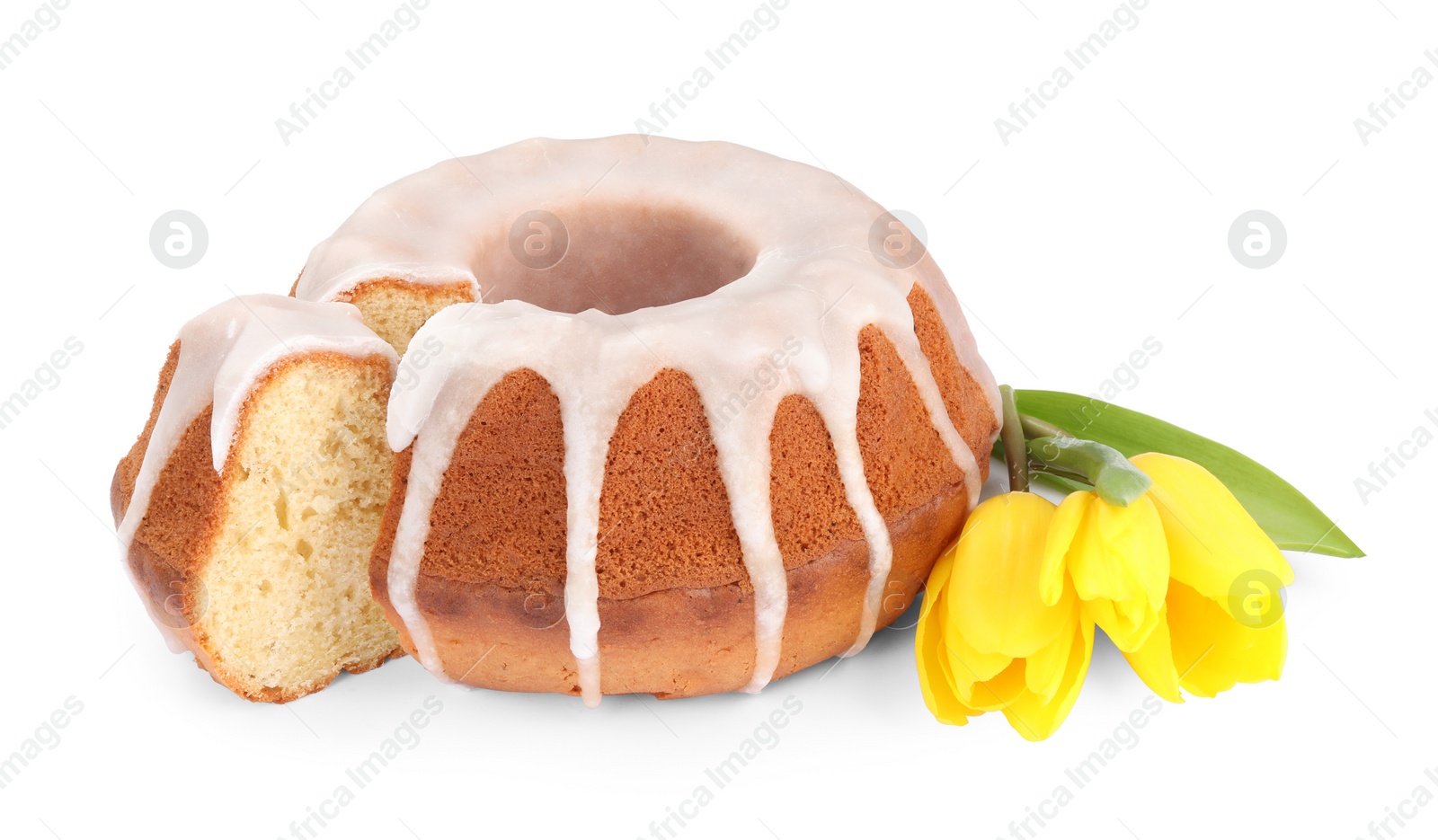 Photo of Traditional Easter cake and yellow tulips on white background