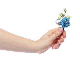 Woman holding stylish boutonniere on white background, closeup