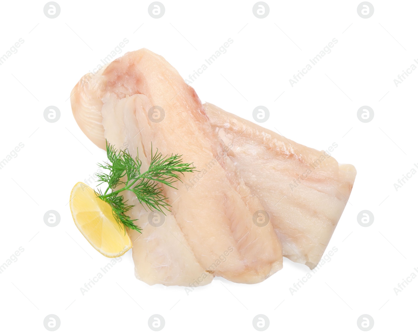 Photo of Pieces of raw cod fish, dill and lemon isolated on white, top view