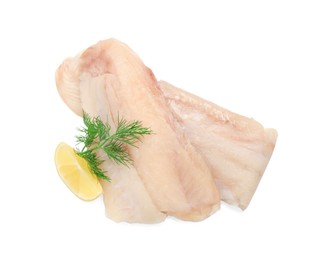 Photo of Pieces of raw cod fish, dill and lemon isolated on white, top view