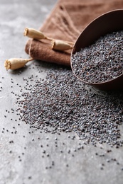 Photo of Composition with poppy seeds on grey background