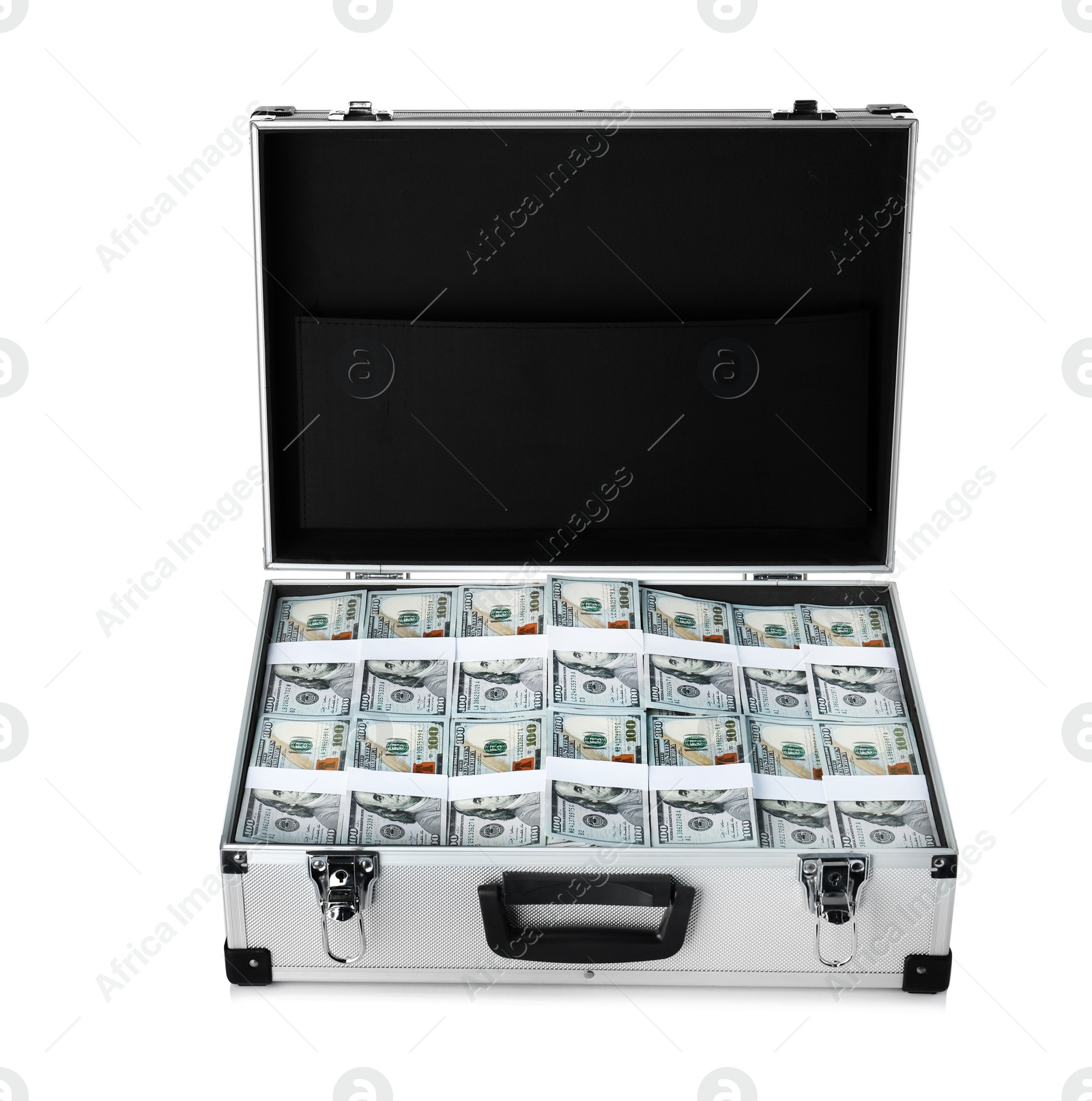 Photo of Open suitcase full of money on white background