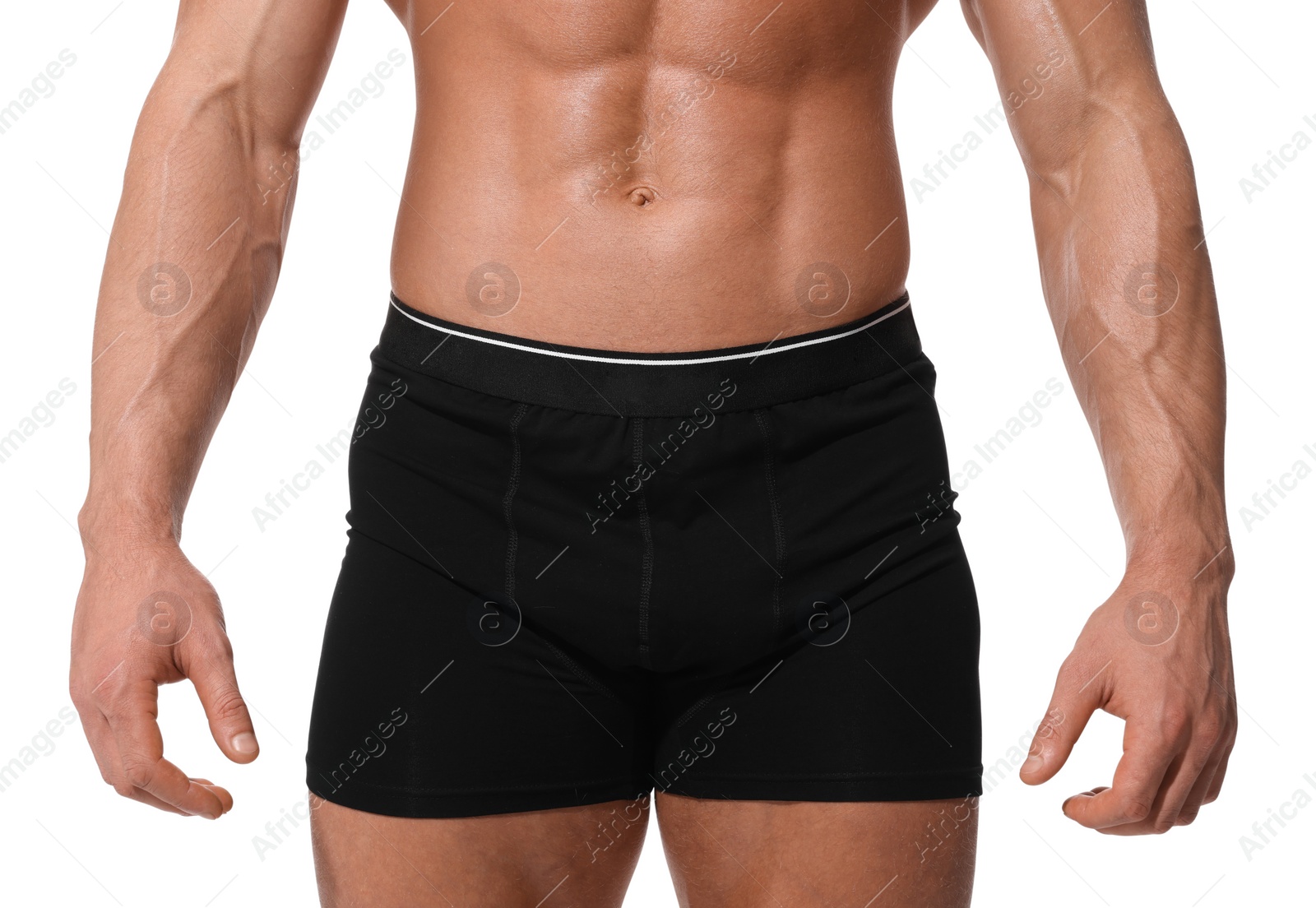 Photo of Young man is stylish black underwear on white background, closeup