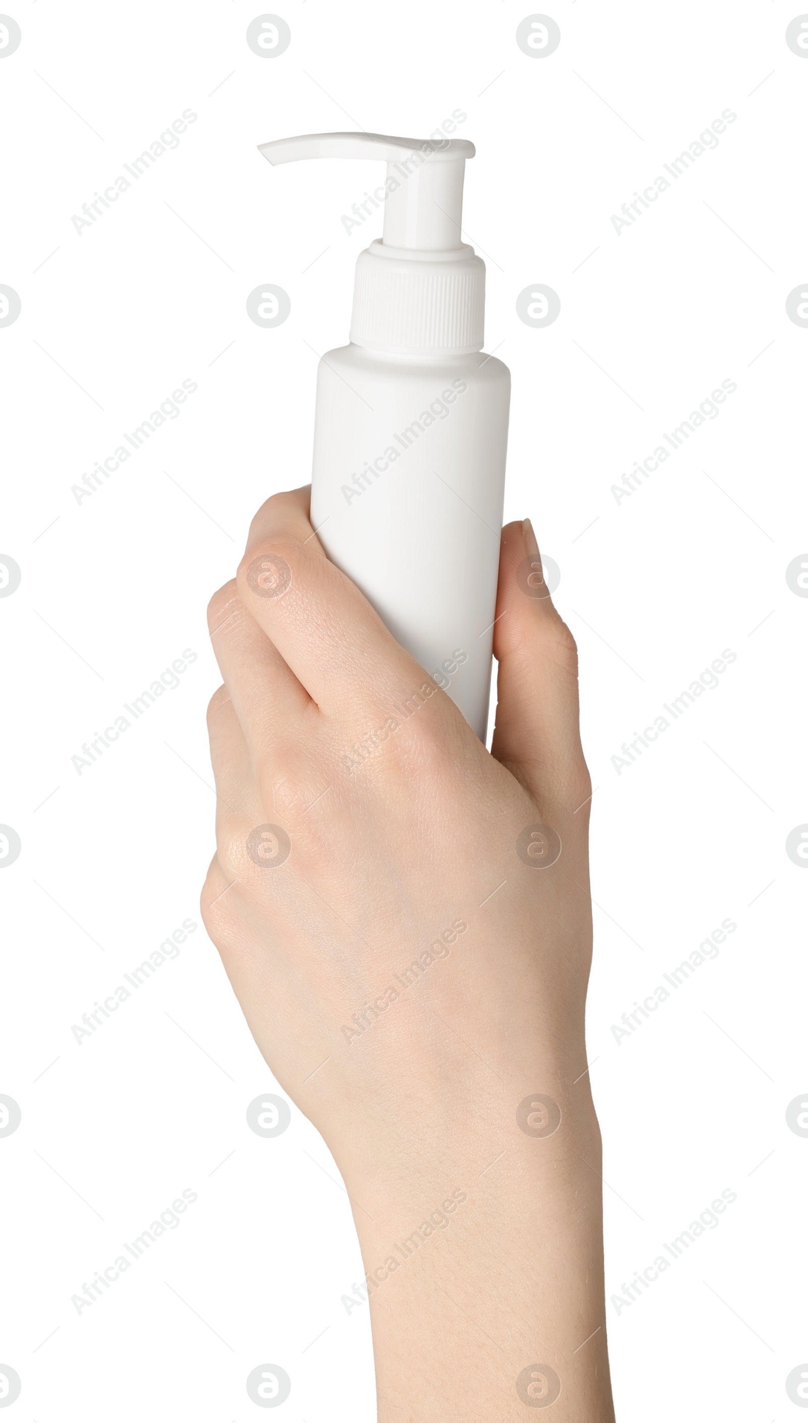 Photo of Woman holding bottle of face cleansing product on white background, closeup