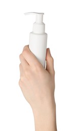 Woman holding bottle of face cleansing product on white background, closeup