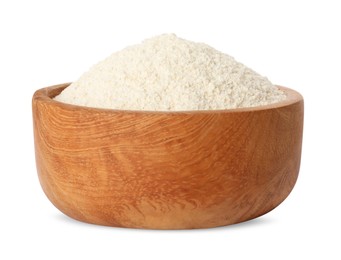 Photo of Quinoa flour in wooden bowl isolated on white