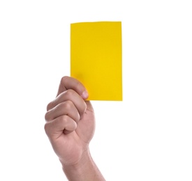 Photo of Football referee holding yellow card on white background, closeup