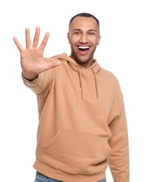 Man giving high five on white background