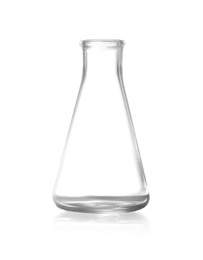 Photo of Empty conical flask on white background. Chemistry glassware