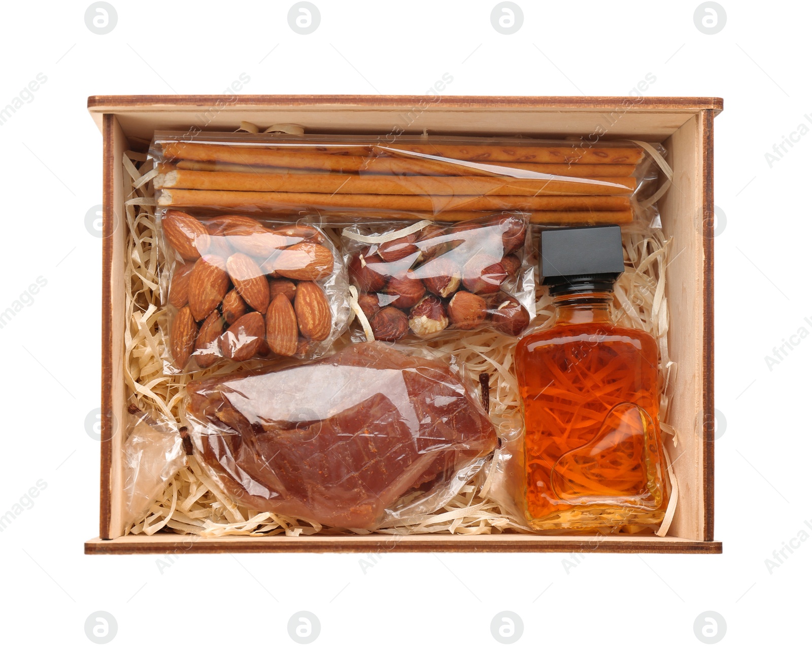 Photo of Stylish gift set in wooden box isolated on white, top view