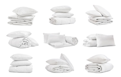 Set of blankets and pillows isolated on white 