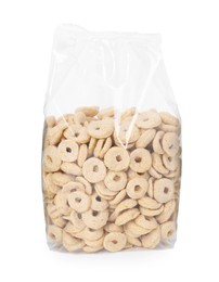 Tasty cereal rings in bag isolated on white