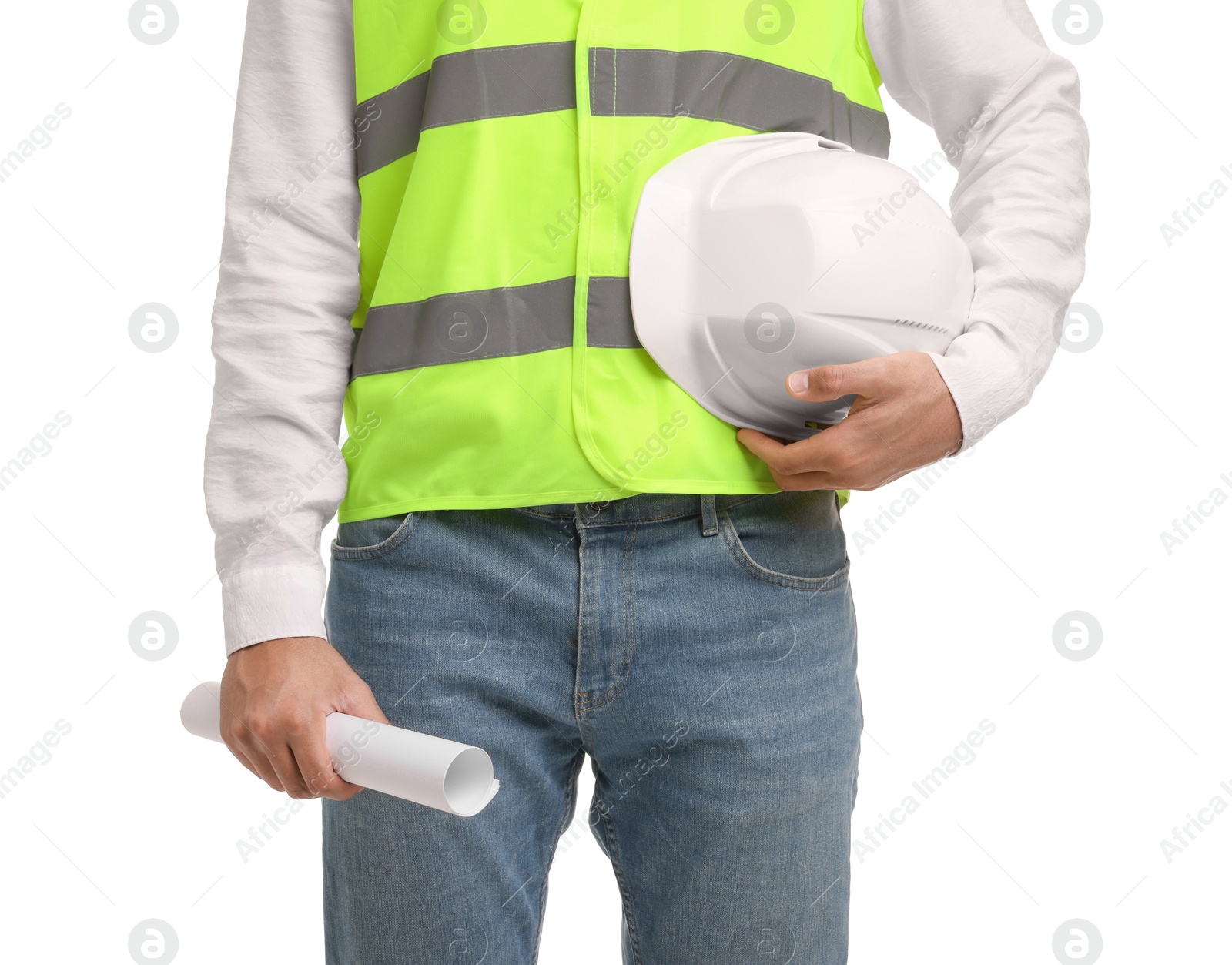 Photo of Engineer with hard hat and draft on white background, closeup