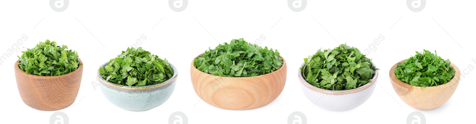 Image of Set with cut parsley in bowls isolated on white