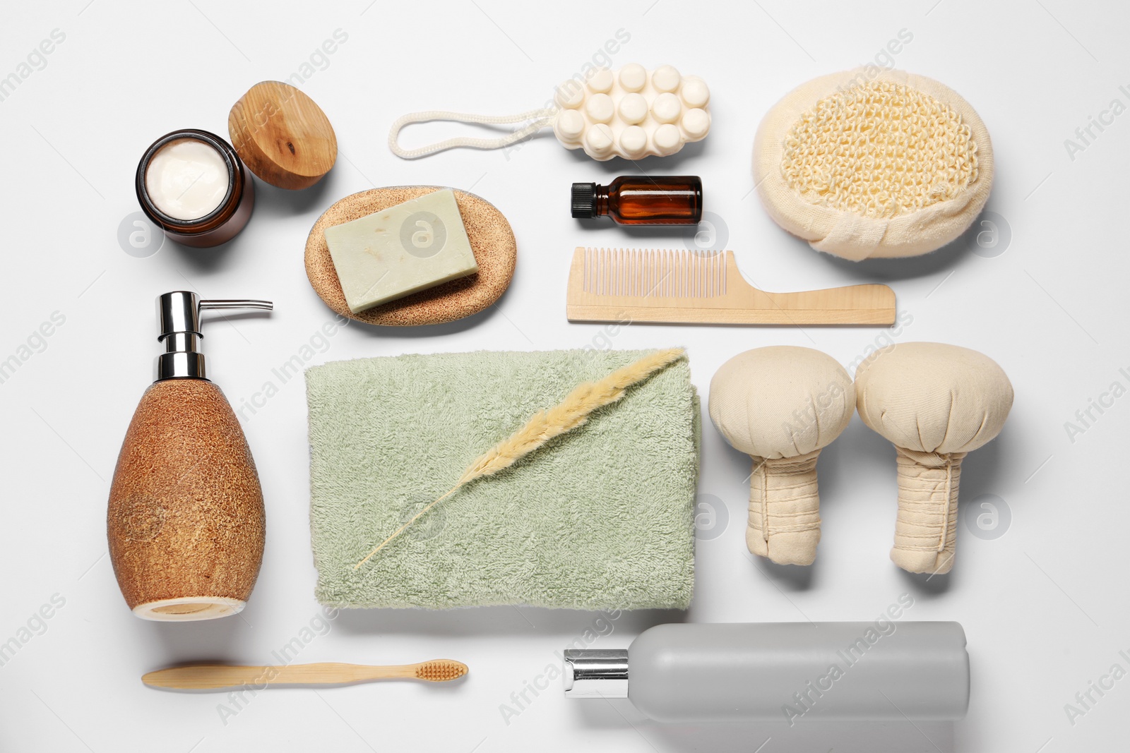 Photo of Bath accessories. Different personal care products and dry spikelet on white background, flat lay