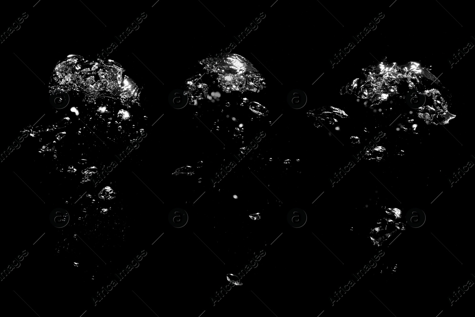 Image of Collage with air bubbles in water on black background