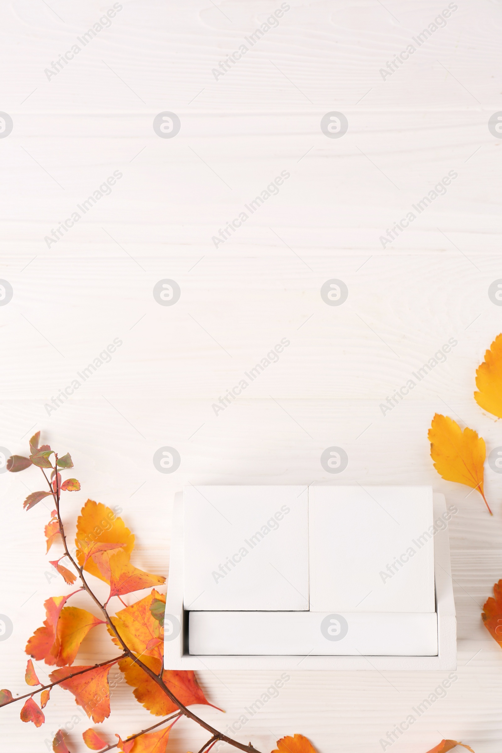 Photo of Thanksgiving day, holiday celebrated every fourth Thursday in November. Block calendar and branch with orange leaves on white wooden table, flat lay and space for text