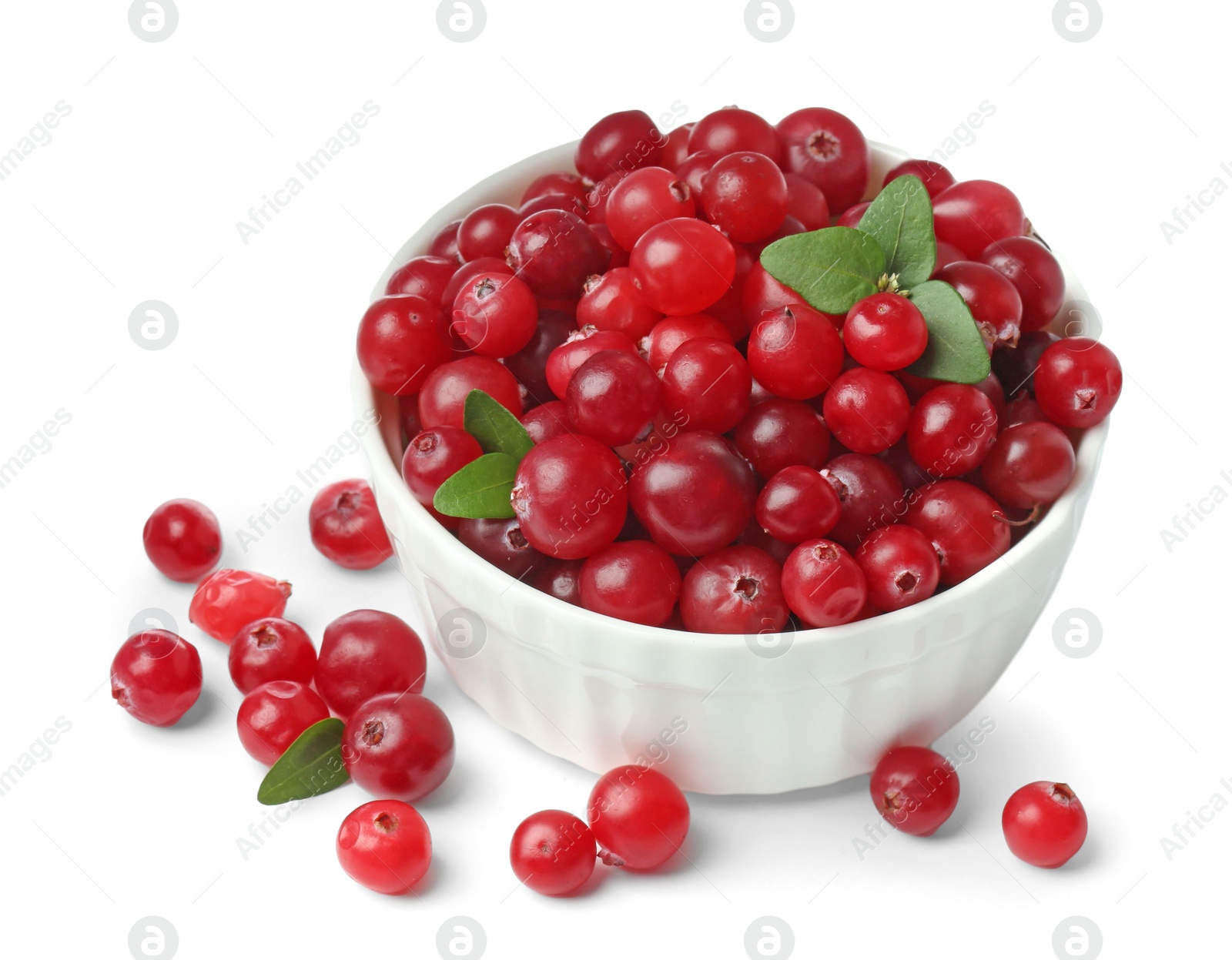 Photo of Bowl of fresh ripe cranberries with leaves isolated on white