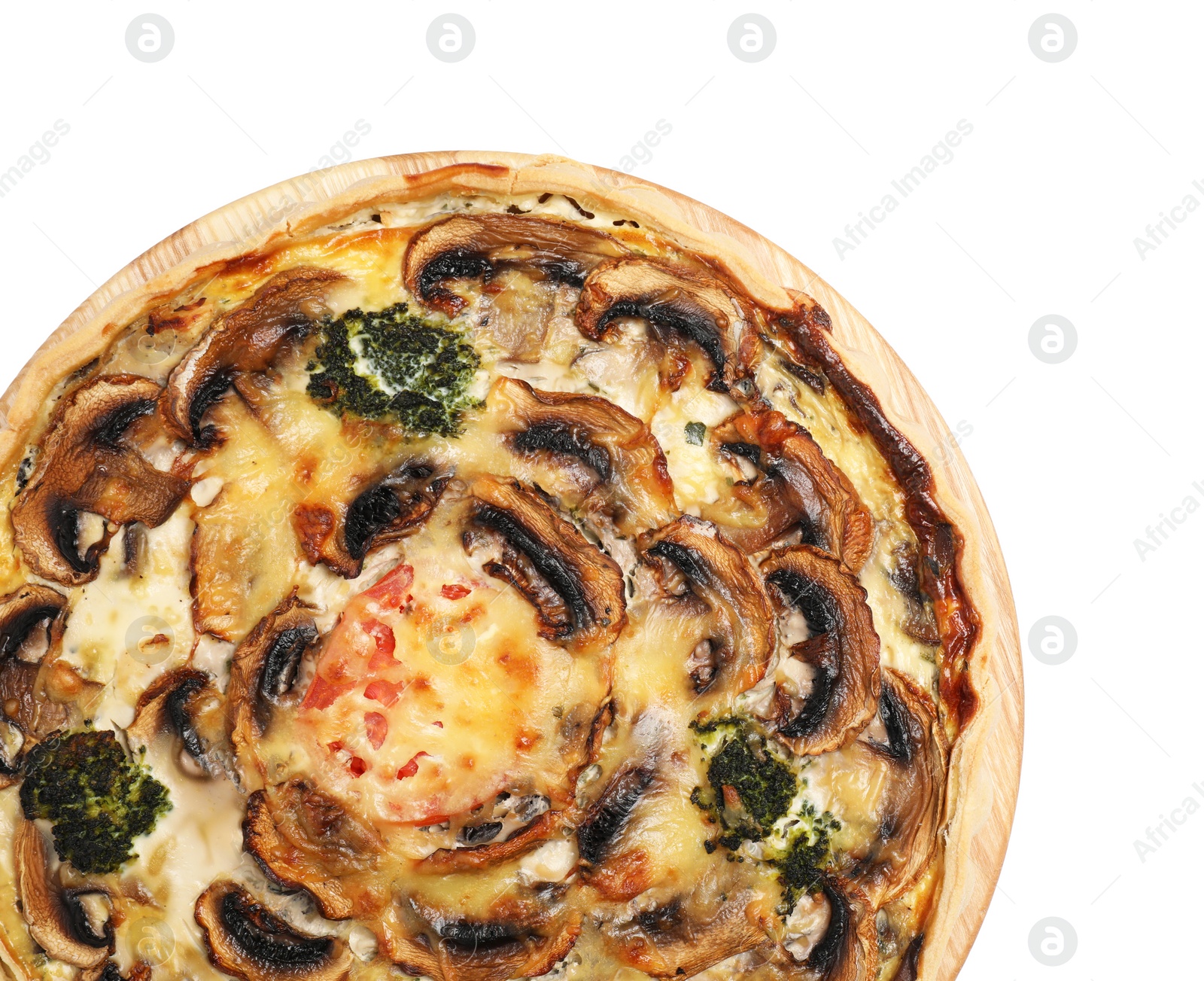 Photo of Delicious quiche with mushrooms isolated on white, top view