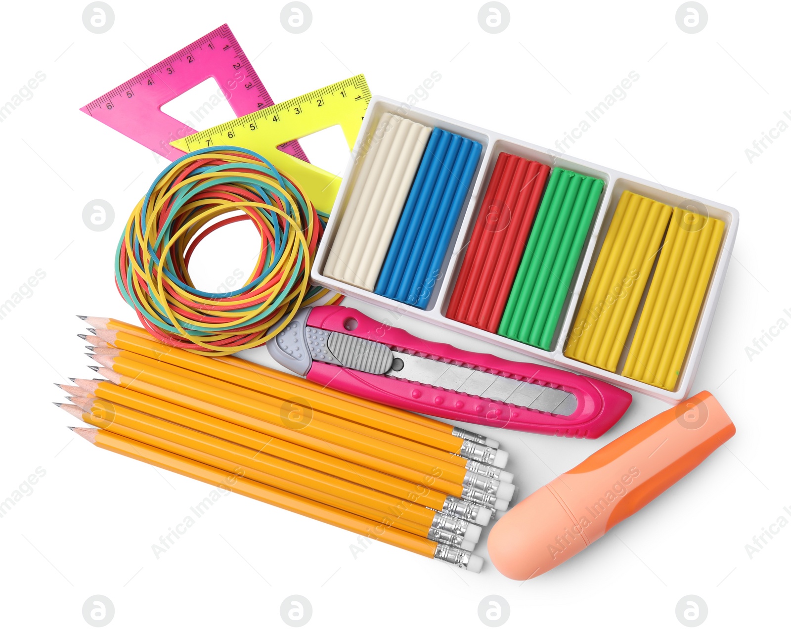 Photo of Many different school stationery isolated on white, top view