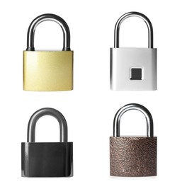 Image of Set with different metal padlocks on white background