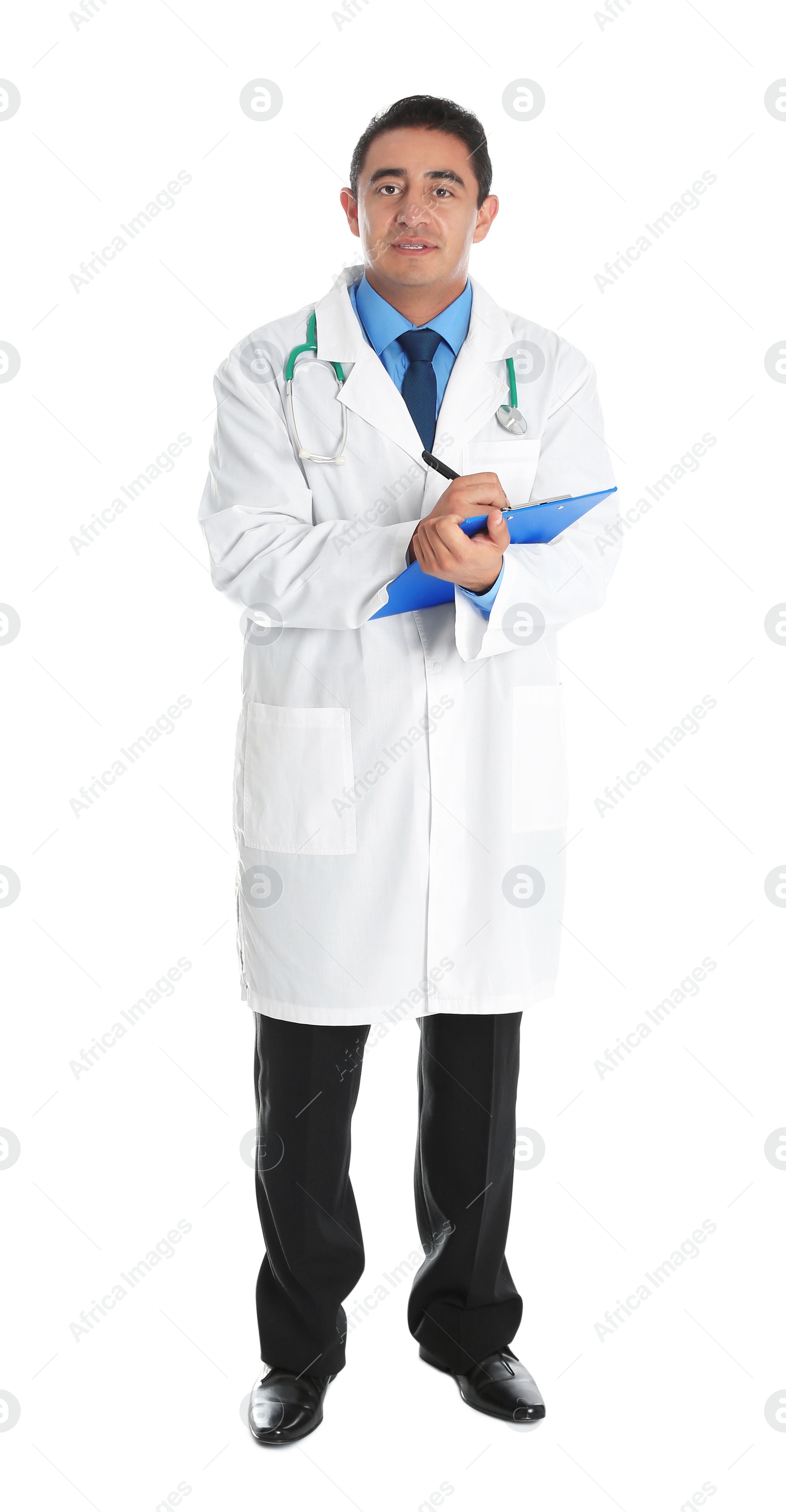 Photo of Full length portrait of male Hispanic doctor isolated on white. Medical staff