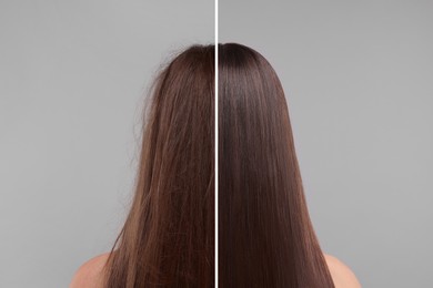 Image of Photo of woman divided into halves before and after hair treatment on grey background, back view