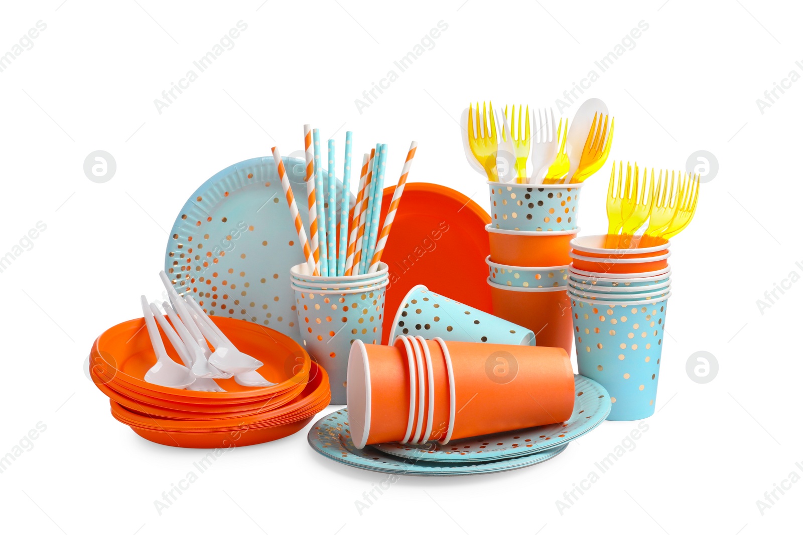 Photo of Set of different disposable tableware on white background