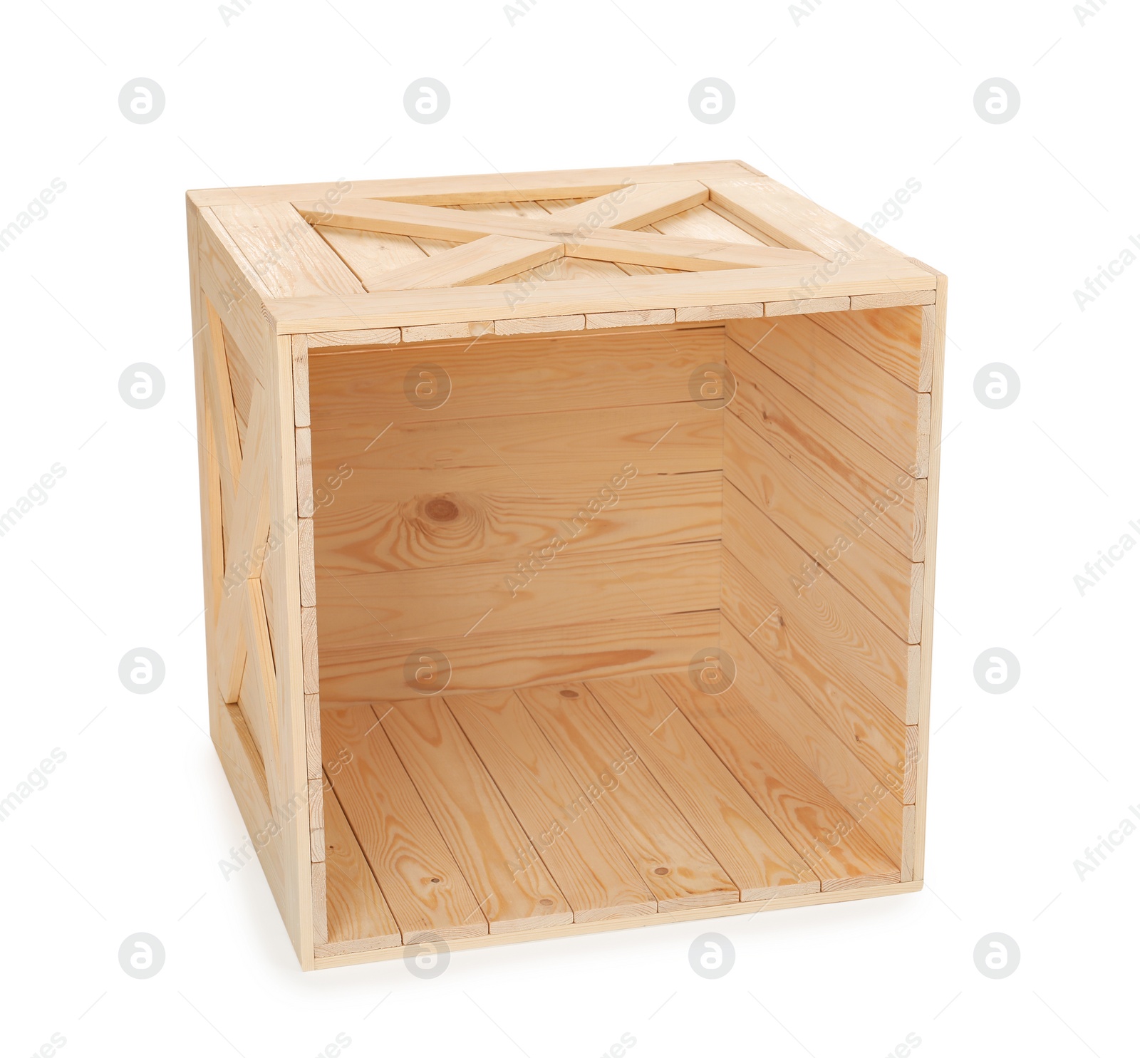 Photo of Open new wooden crate isolated on white