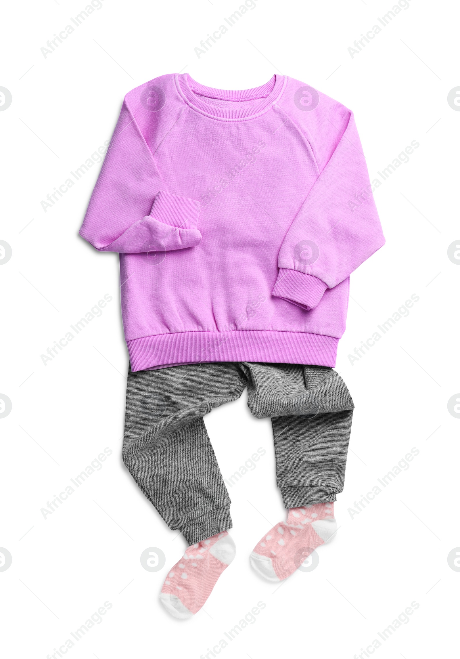 Photo of Flat lay composition with cute child clothes on white background