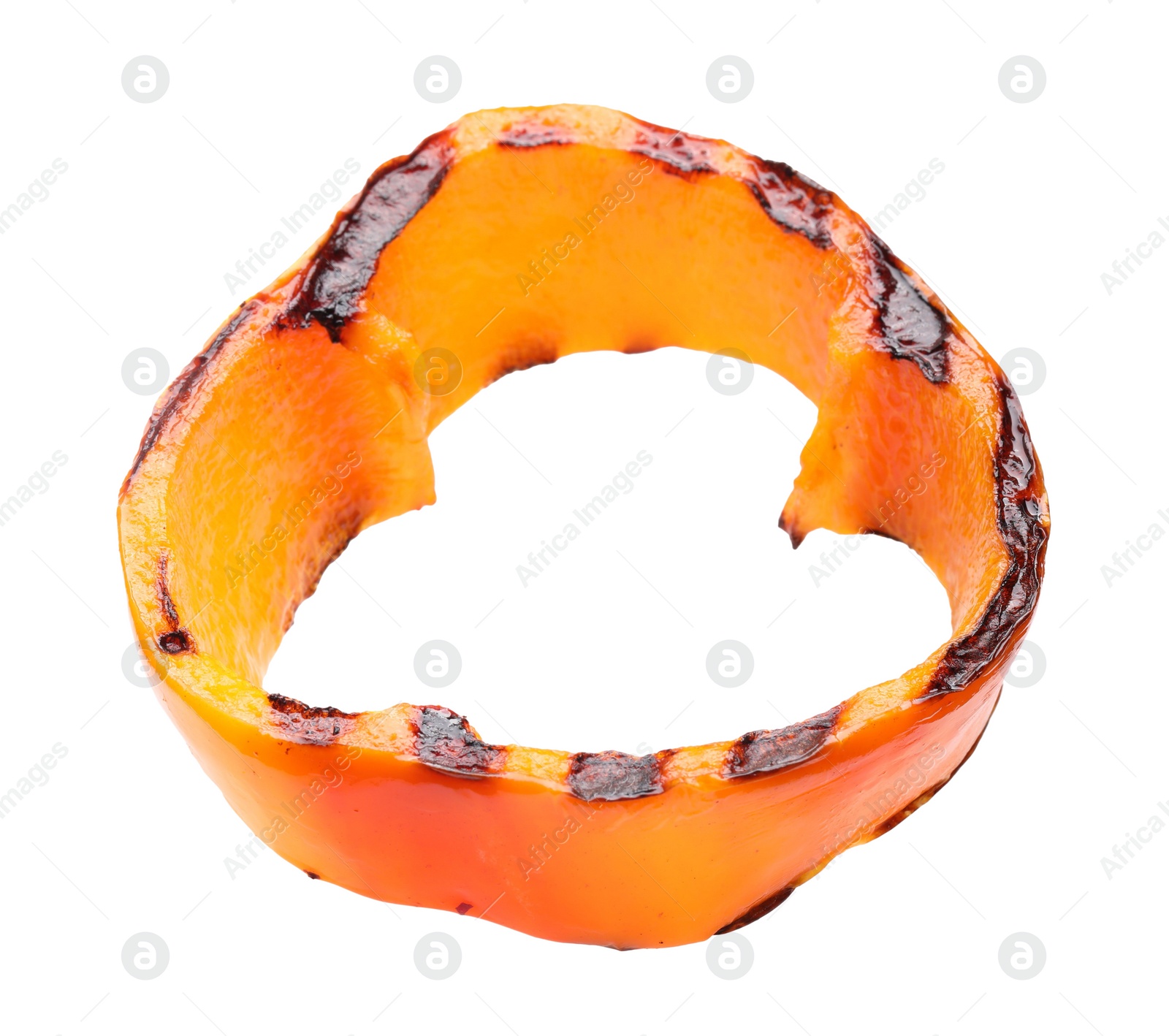 Photo of Slice of grilled orange pepper isolated on white