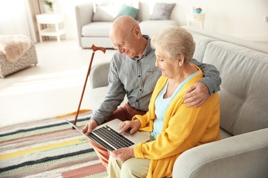 Photo of Elderly couple using laptop in living room