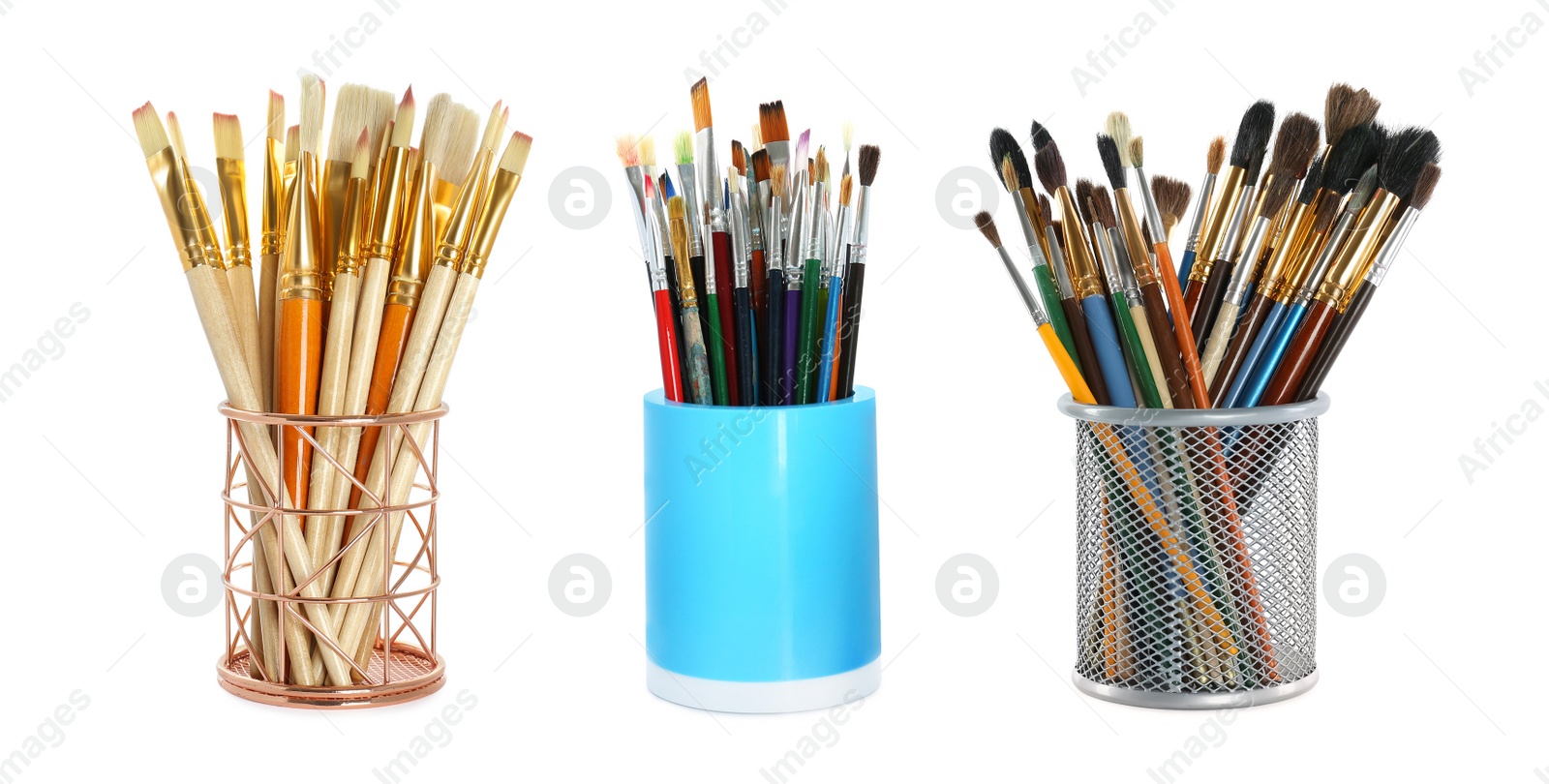 Image of Set of different paintbrushes on white background. Banner design