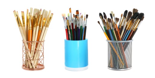 Image of Set of different paintbrushes on white background. Banner design