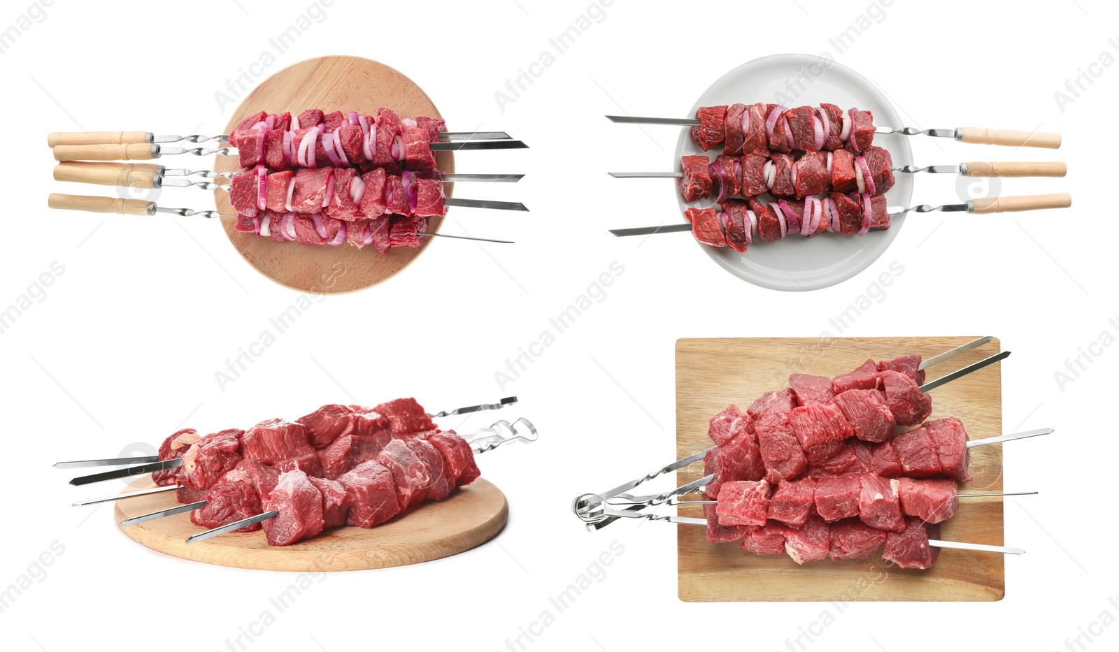 Image of Metal skewers with raw meat on white background, collage. Banner design