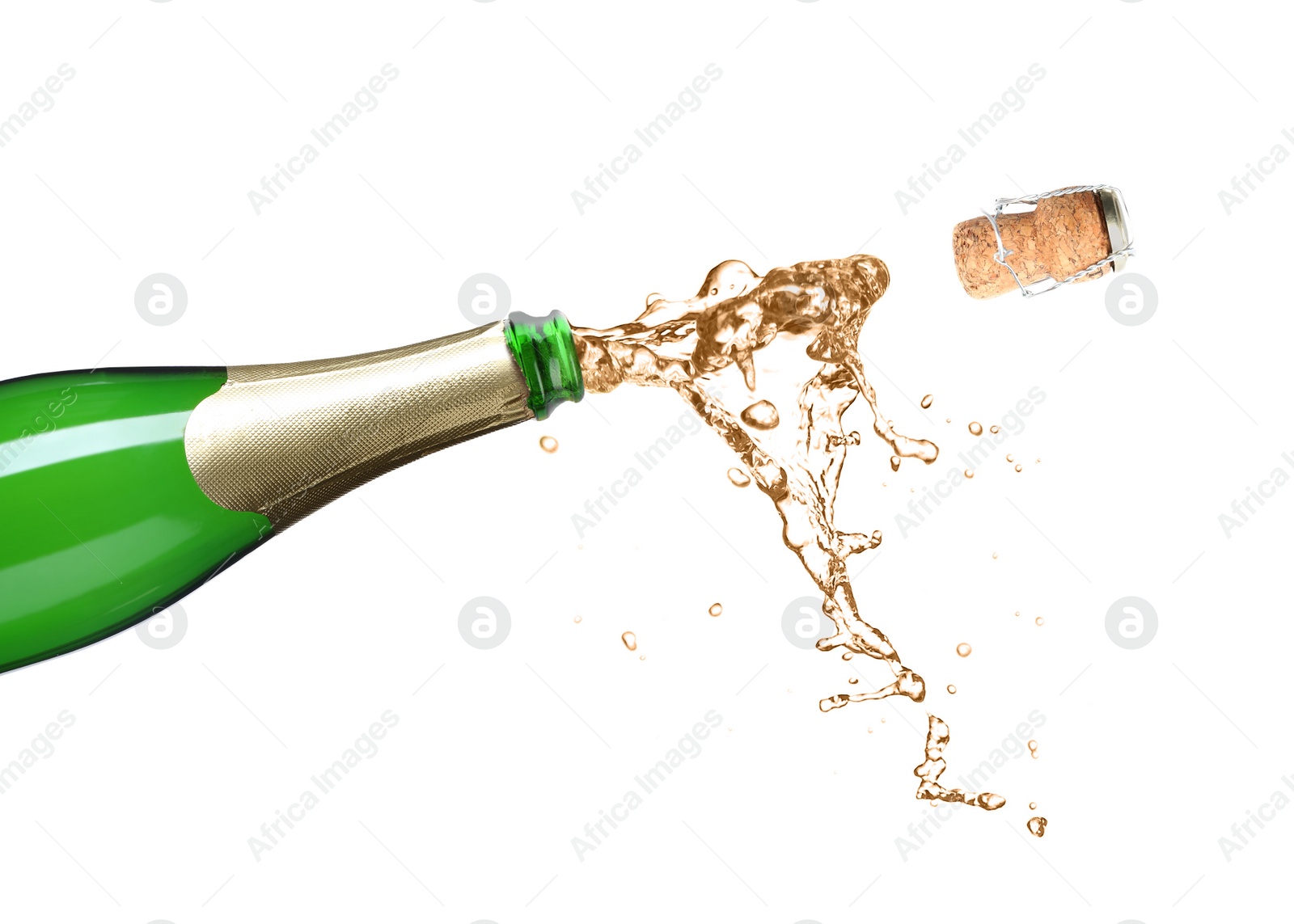 Image of Champagne splashing out of bottle on white background 