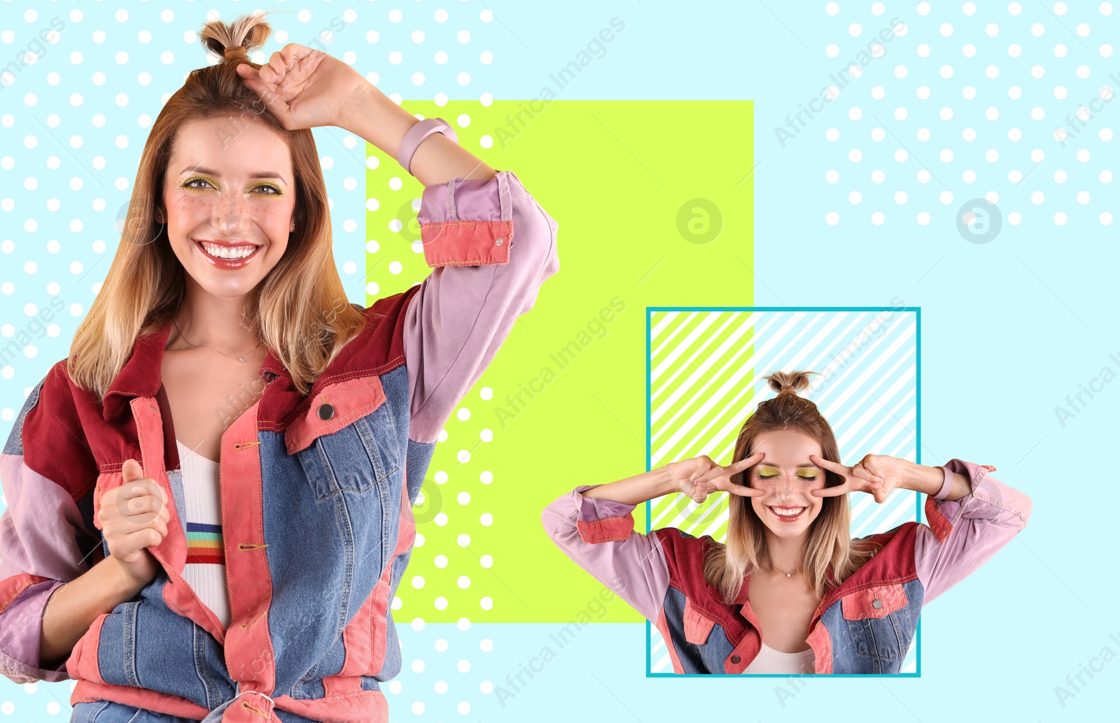 Image of Beautiful stylish woman on color background, collage design. Summer days