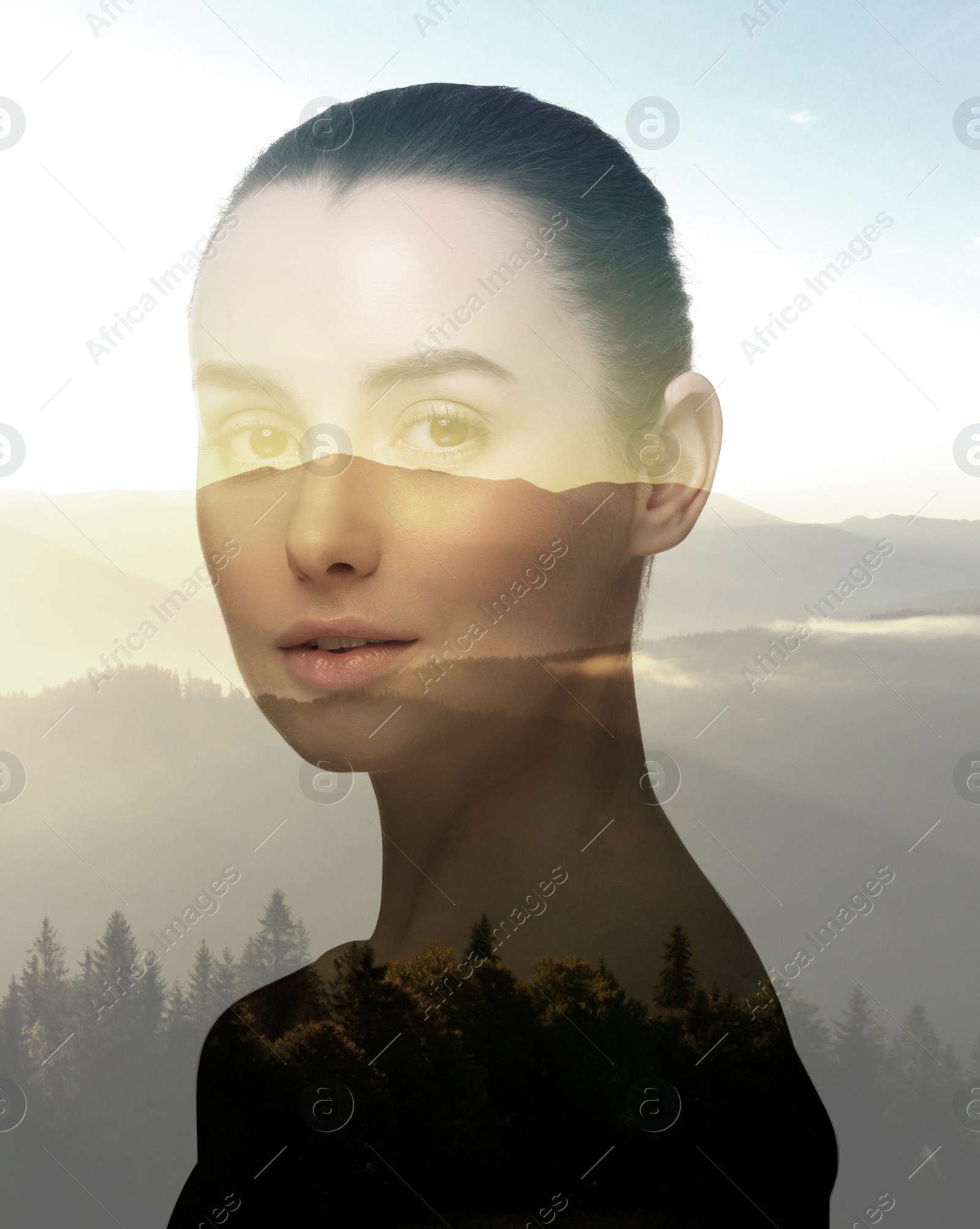 Image of Double exposure of beautiful woman and foggy mountains