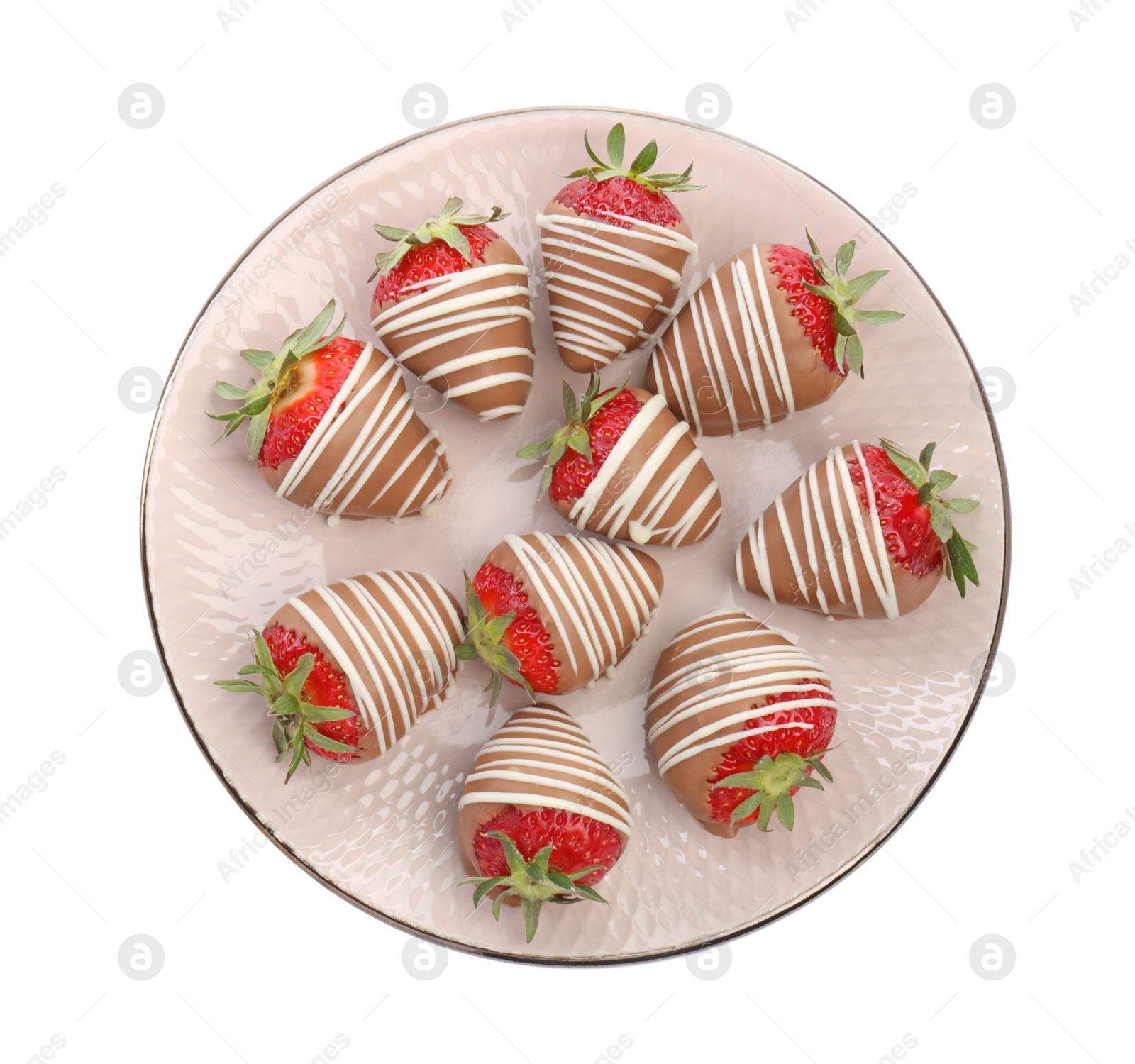 Photo of Delicious chocolate covered strawberries isolated on white, top view