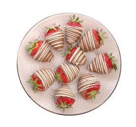 Delicious chocolate covered strawberries isolated on white, top view