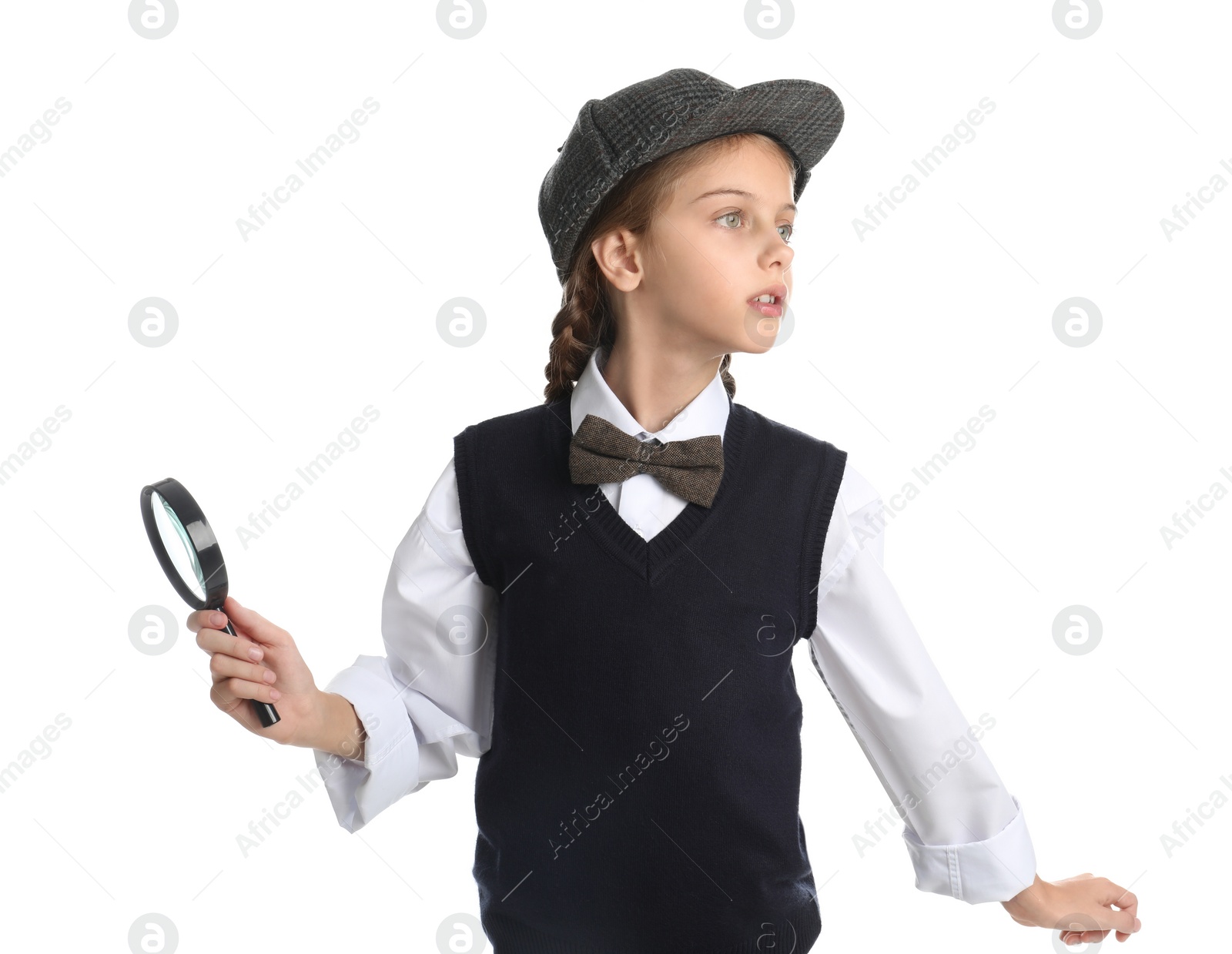 Photo of Cute little detective with magnifying glass on white background