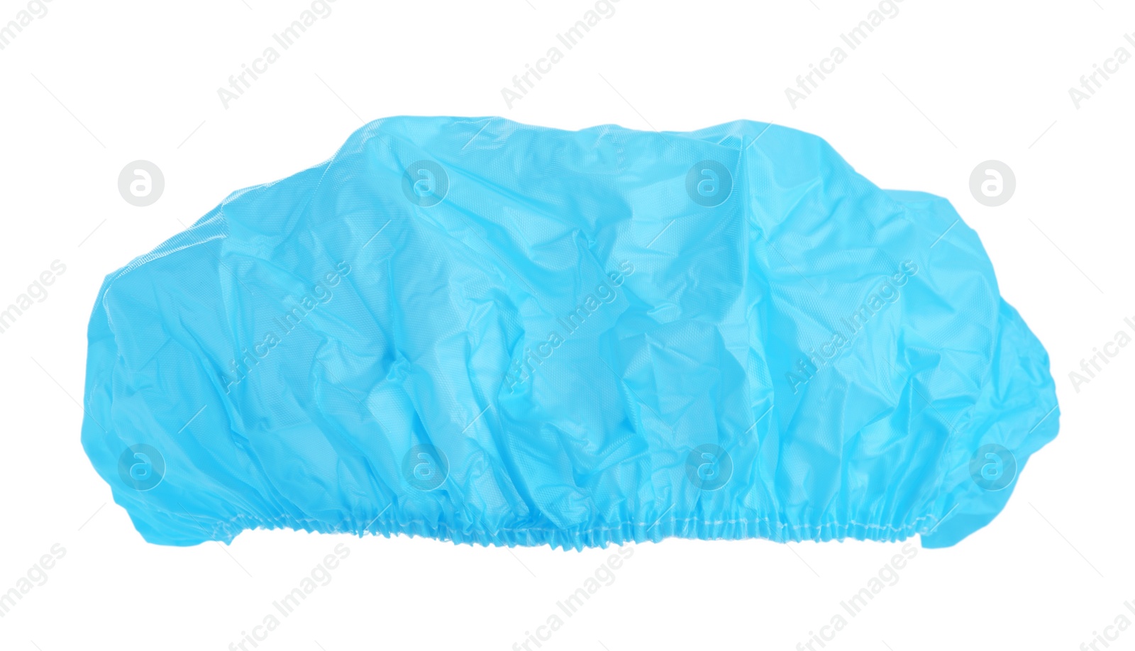 Photo of Light blue waterproof shower cap isolated on white