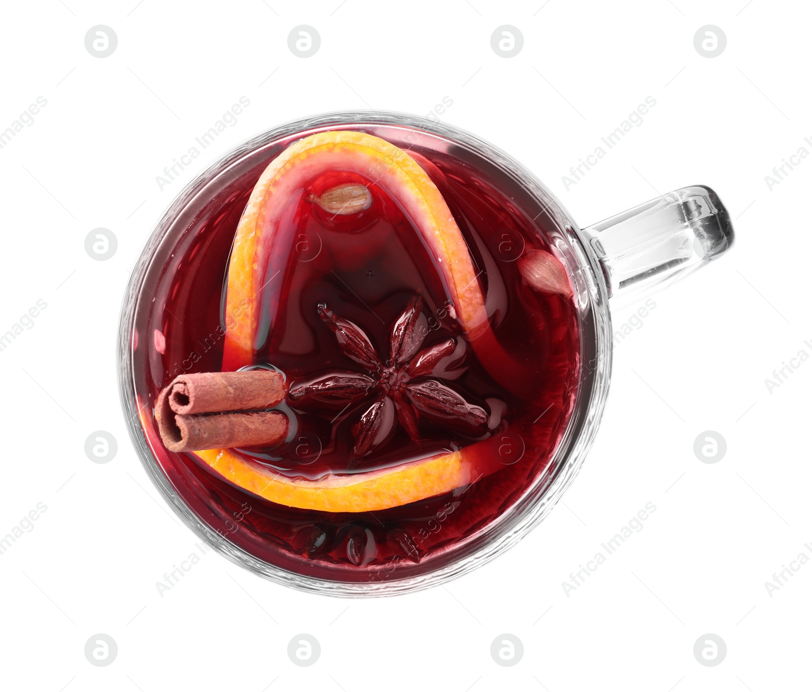 Photo of Aromatic mulled wine isolated on white, top view