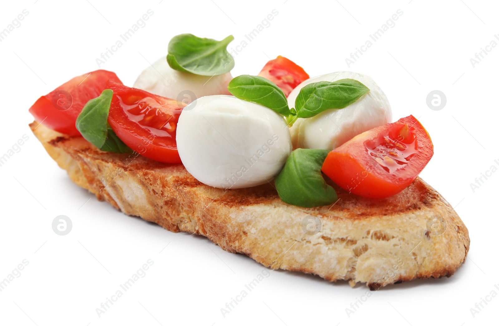 Photo of Delicious sandwich with mozzarella, fresh tomato and basil isolated on white