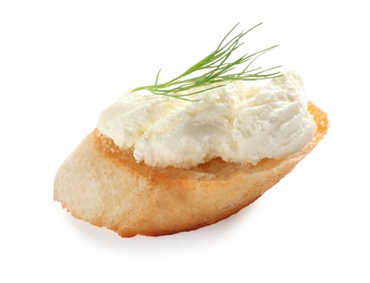 Photo of Piece of baguette with tasty cream cheese and dill on white background