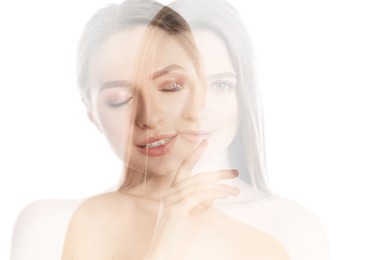 Image of Double exposure of beautiful young woman on white background