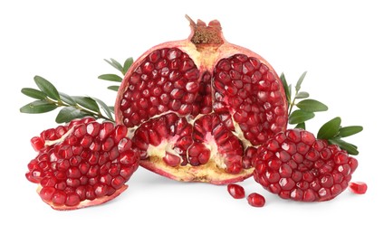 Photo of Fresh cut pomegranate and branches isolated on white