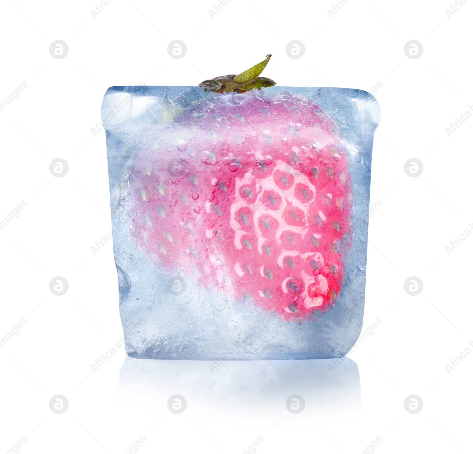 Image of Frozen food. Raw strawberry in ice cube isolated on white