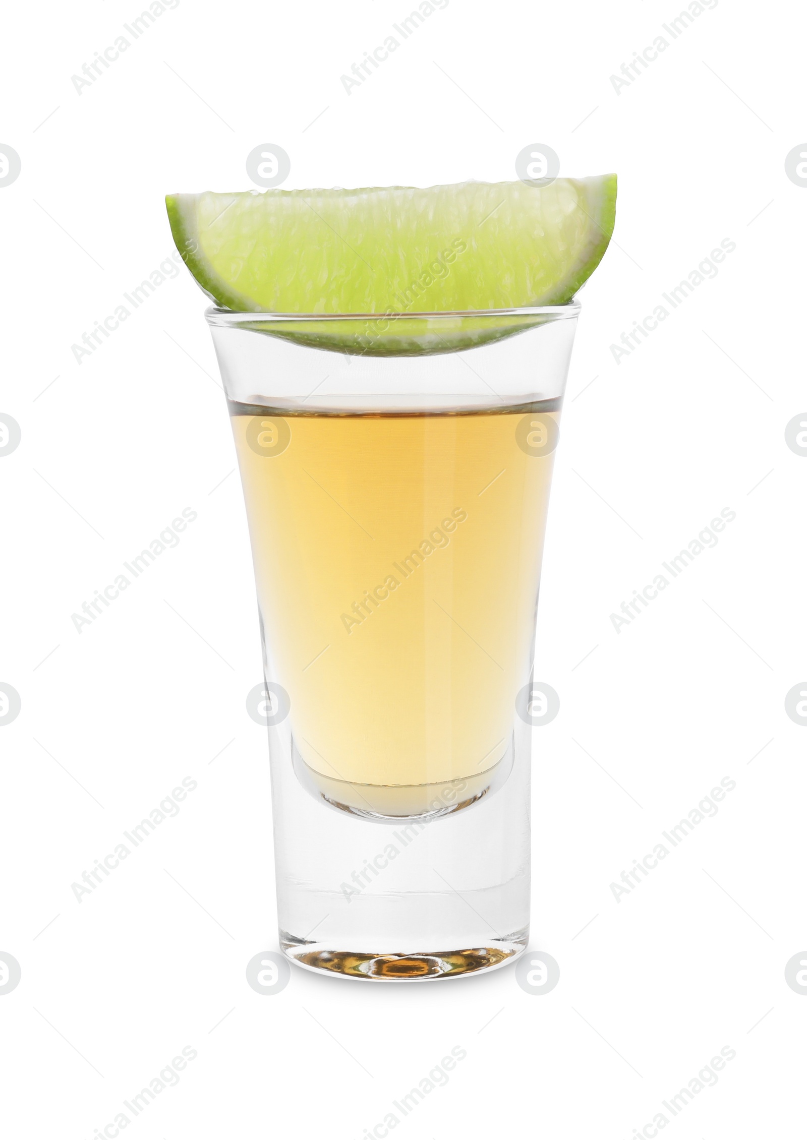 Photo of Shooter in shot glass and lime wedge isolated on white. Alcohol drink